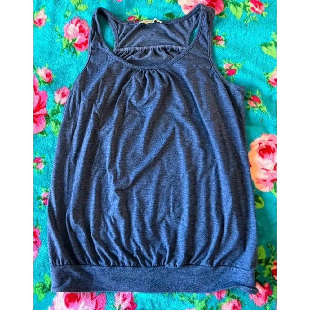 Large Blue Racerback Tank Top Gathered Bubble Hem Yoga Casual Top